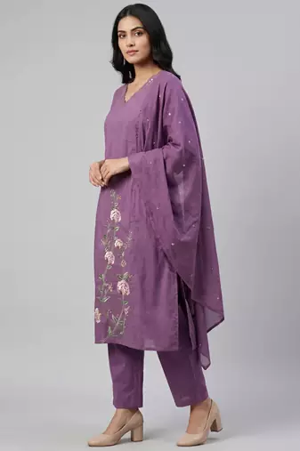 Women purple cotton printed kurta pant dupatta set with hand work and embroidered lace