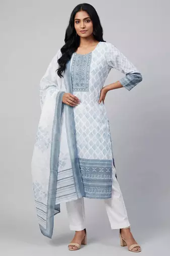 Women white cotton printed kurta pant dupatta set