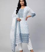Women white cotton printed kurta pant dupatta set