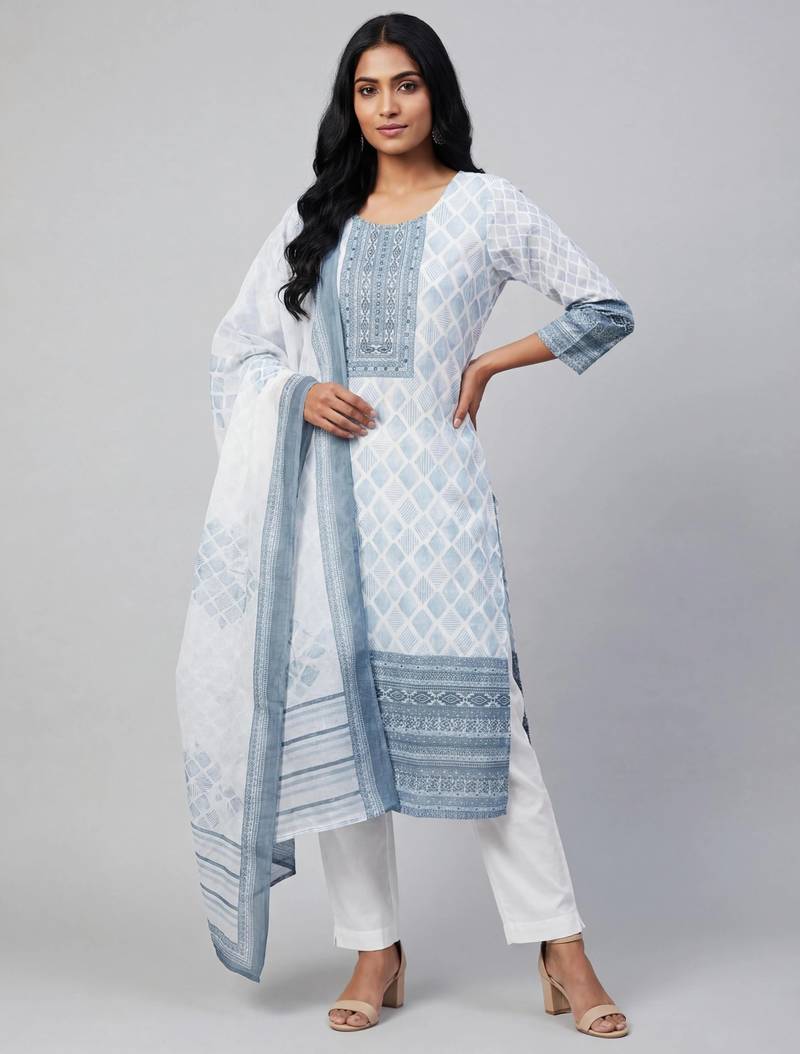 Women white cotton printed kurta pant dupatta set