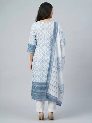 Women white cotton printed kurta pant dupatta set 2