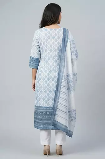 Women white cotton printed kurta pant dupatta set