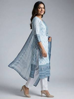 Women white cotton printed kurta pant dupatta set 4