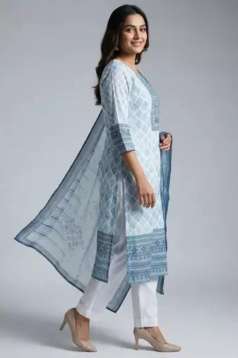 Women white cotton printed kurta pant dupatta set