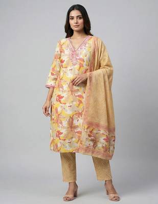 Women yellow cotton printed kurta pant dupatta set with hand work and embroidered lace 1