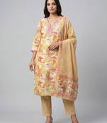 Women yellow cotton printed kurta pant dupatta set with hand work and embroidered lace