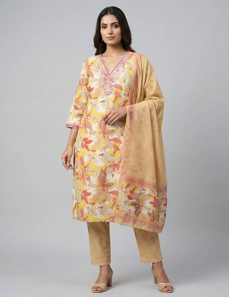 Women yellow cotton printed kurta pant dupatta set with hand work and embroidered lace