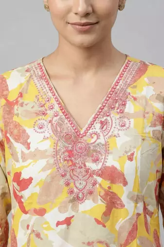 Women yellow cotton printed kurta pant dupatta set with hand work and embroidered lace