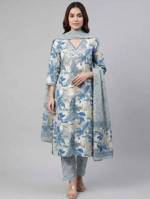 Women blue cotton printed kurta pant dupatta set with hand work and embroidered lace 1