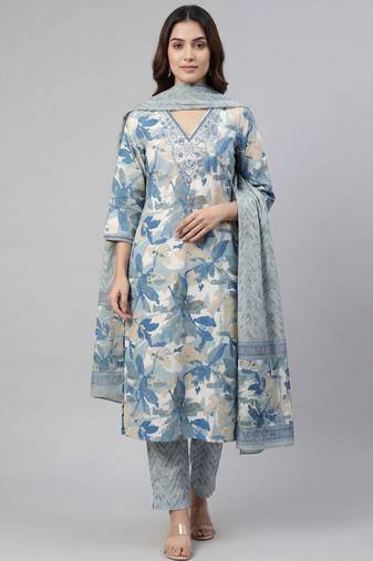 Women blue cotton printed kurta pant dupatta set with hand work and embroidered lace