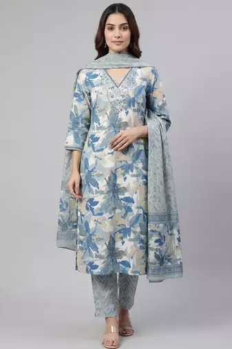 Women blue cotton printed kurta pant dupatta set with hand work and embroidered lace