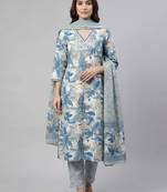Women blue cotton printed kurta pant dupatta set with hand work and embroidered lace