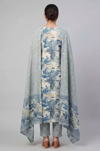 Women blue cotton printed kurta pant dupatta set with hand work and embroidered lace
