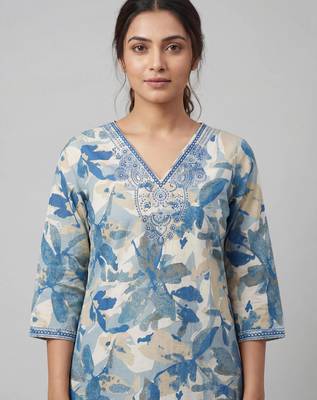 Women blue cotton printed kurta pant dupatta set with hand work and embroidered lace 3