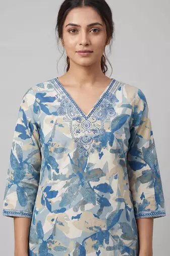 Women blue cotton printed kurta pant dupatta set with hand work and embroidered lace
