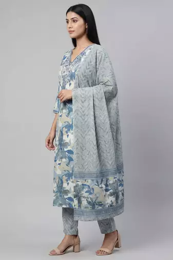 Women blue cotton printed kurta pant dupatta set with hand work and embroidered lace