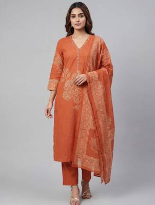 Women orange cotton printed kurta pant dupatta set with hand work 1