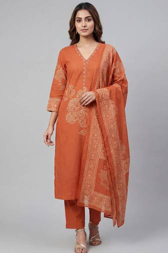 Women orange cotton printed kurta pant dupatta set with hand work