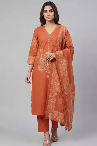 Women orange cotton printed kurta pant dupatta set with hand work