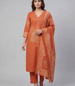 Women orange cotton printed kurta pant dupatta set with hand work