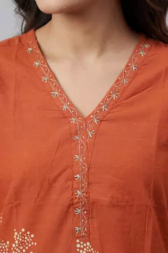 Women orange cotton printed kurta pant dupatta set with hand work