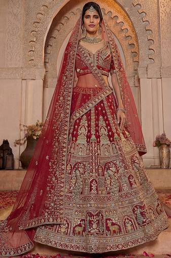 Sensational Red Thread Work Silk Bridal Lehenga Choli With Double Dupatta