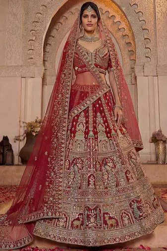 Sensational Red Thread Work Silk Bridal Lehenga Choli With Double Dupatta