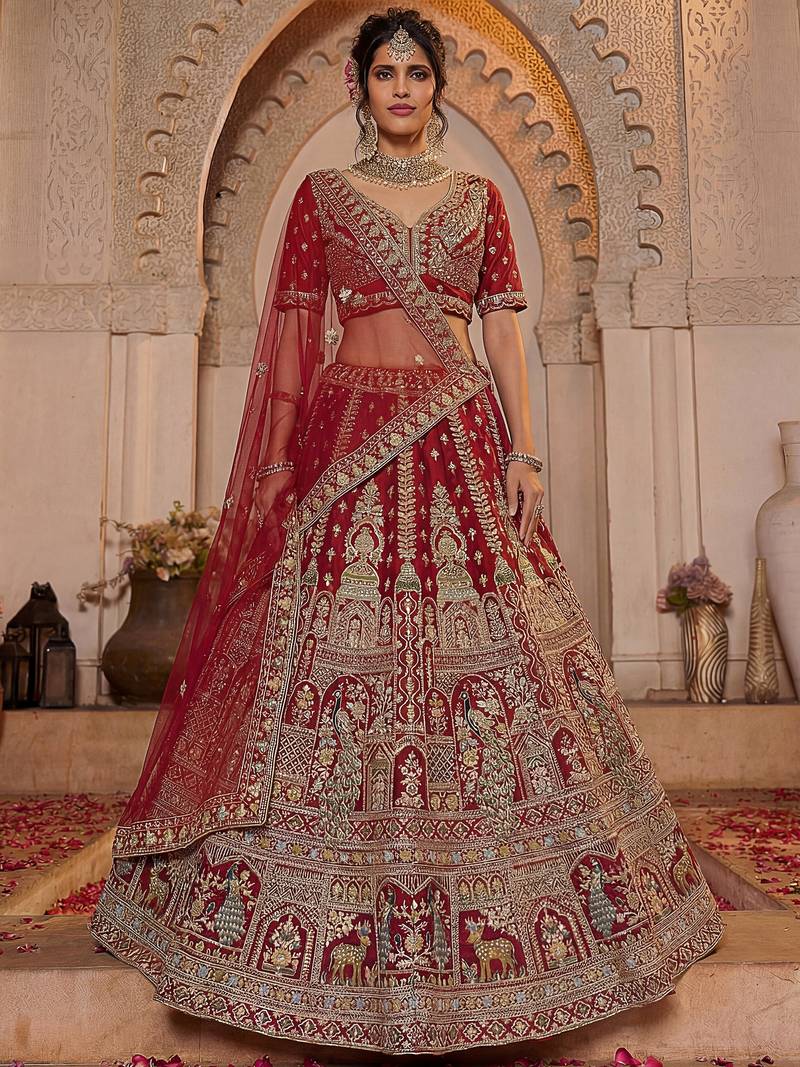 Sensational Red Thread Work Silk Bridal Lehenga Choli With Double Dupatta