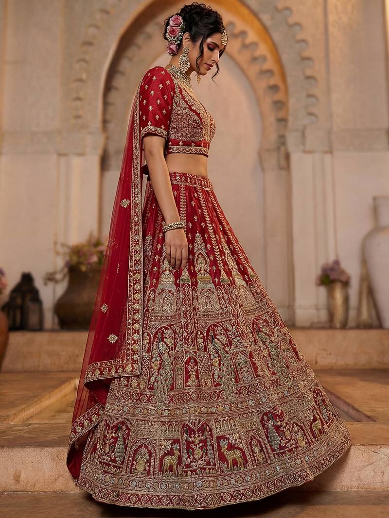 Sensational Red Thread Work Silk Bridal Lehenga Choli With Double Dupatta