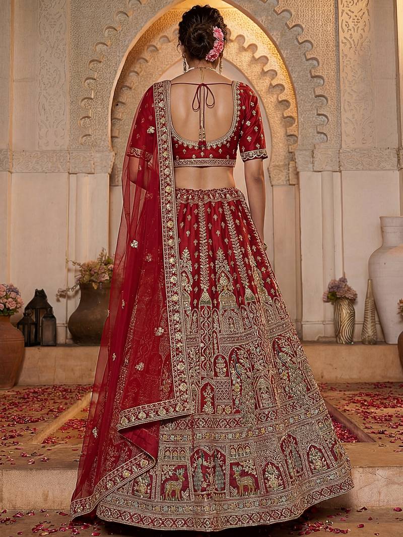 Sensational Red Thread Work Silk Bridal Lehenga Choli With Double Dupatta