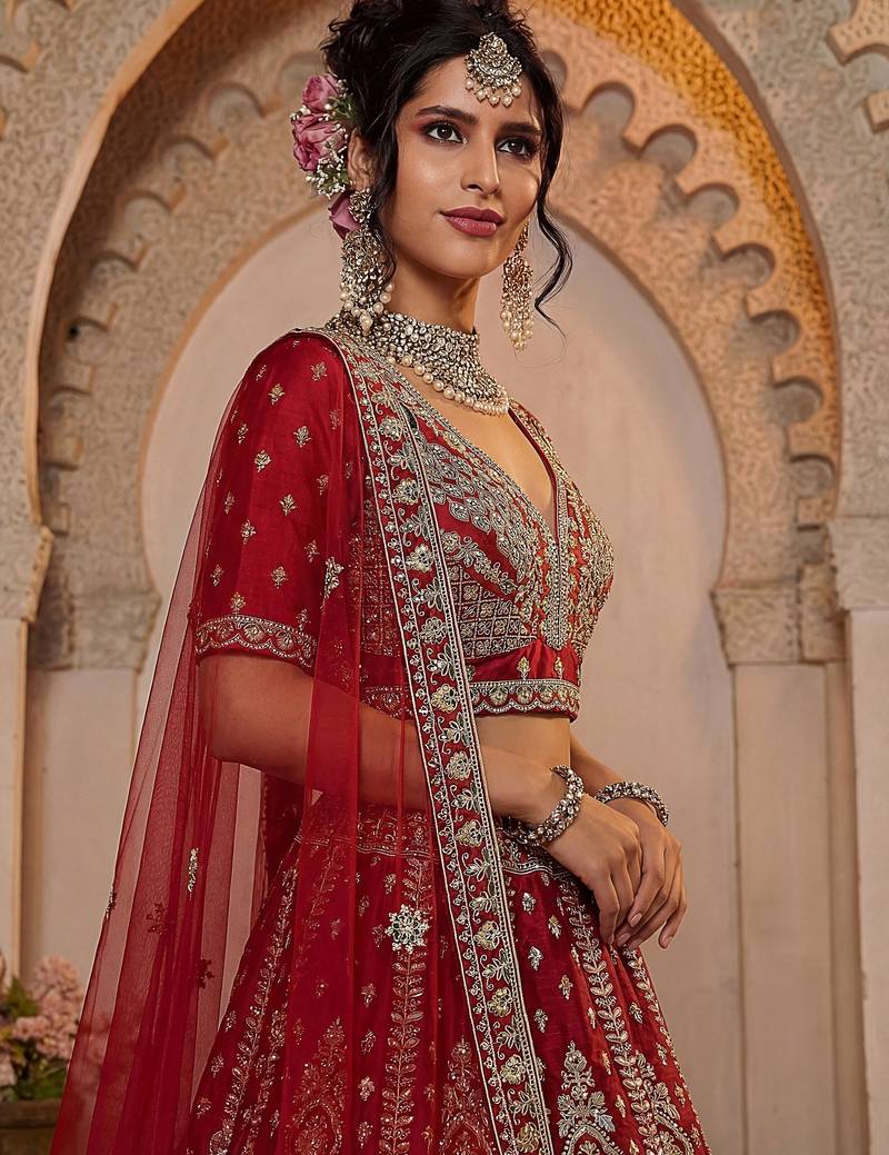 Sensational Red Thread Work Silk Bridal Lehenga Choli With Double Dupatta