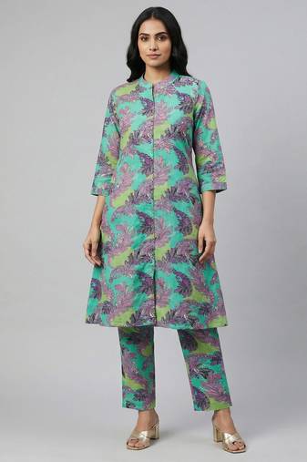Women green cotton printed a line kurta pant set