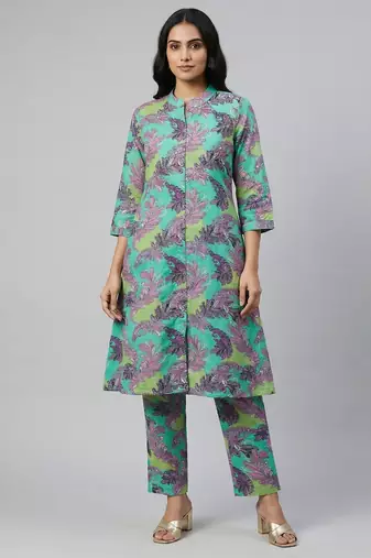 Women green cotton printed a line kurta pant set