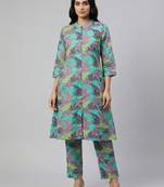 Women green cotton printed a line kurta pant set