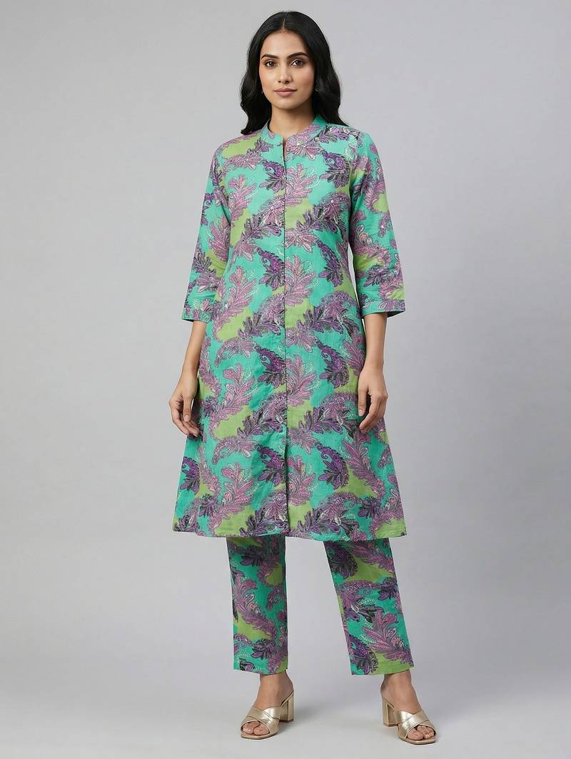 Women green cotton printed a line kurta pant set