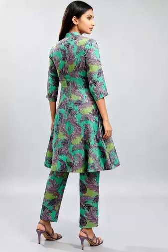 Women green cotton printed a line kurta pant set