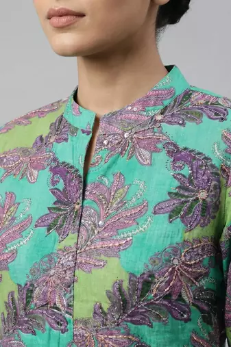 Women green cotton printed a line kurta pant set