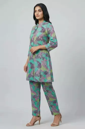 Women green cotton printed a line kurta pant set