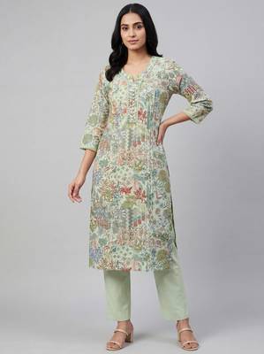 Women green cotton printed kurta pant set with gota work and lace 1