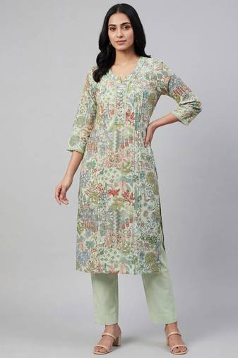 Women green cotton printed kurta pant set with gota work and lace