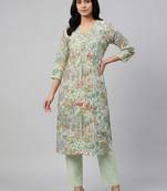 Women green cotton printed kurta pant set with gota work and lace