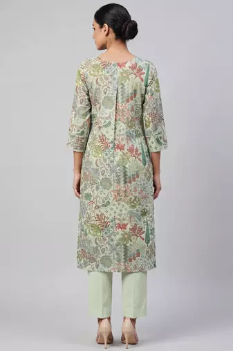 Women green cotton printed kurta pant set with gota work and lace