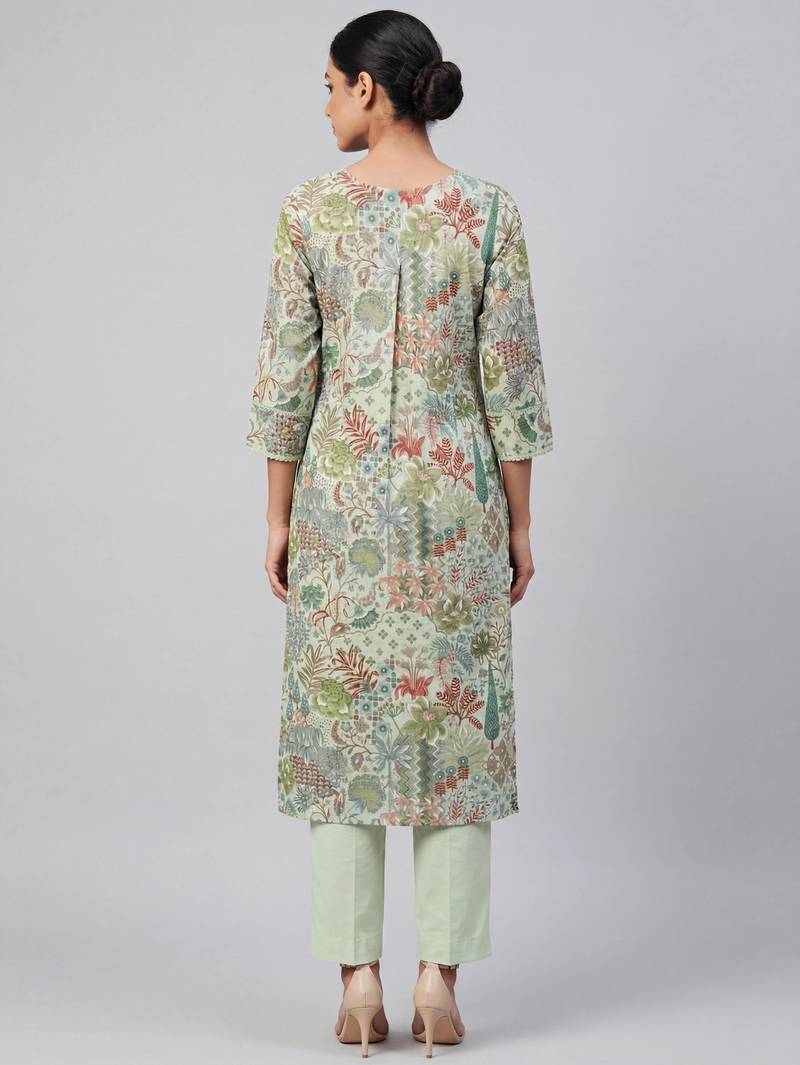 Women green cotton printed kurta pant set with gota work and lace