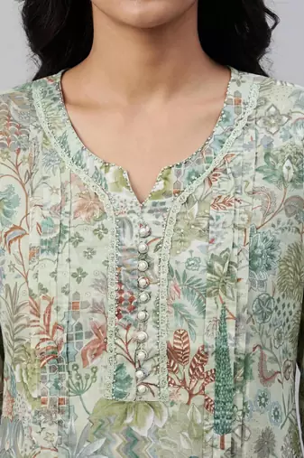 Women green cotton printed kurta pant set with gota work and lace
