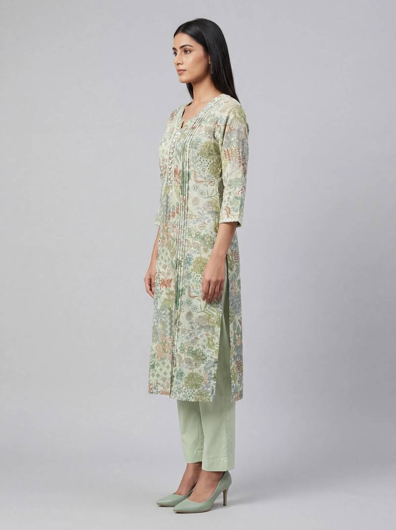 Women green cotton printed kurta pant set with gota work and lace