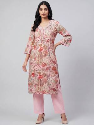 Women pink cotton printed kurta pant set with gota work and lace 1