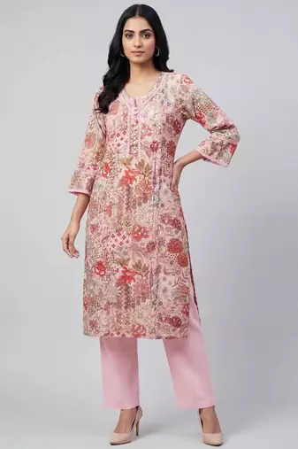 Women pink cotton printed kurta pant set with gota work and lace