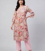 Women pink cotton printed kurta pant set with gota work and lace