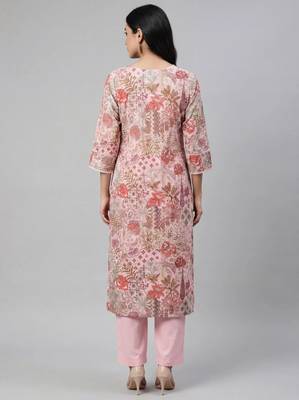 Women pink cotton printed kurta pant set with gota work and lace 2