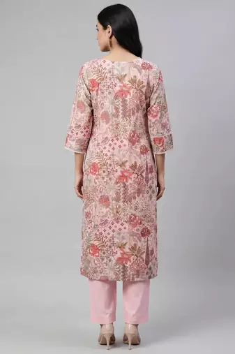Women pink cotton printed kurta pant set with gota work and lace